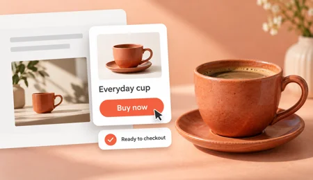 Une tasse en céramique avec une fiche produit « Acheter maintenant » intégrée à une page éditoriale.