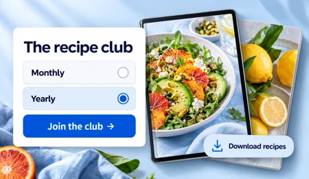 Un club de recettes numérique avec abonnements mensuels et annuels et recettes à télécharger.