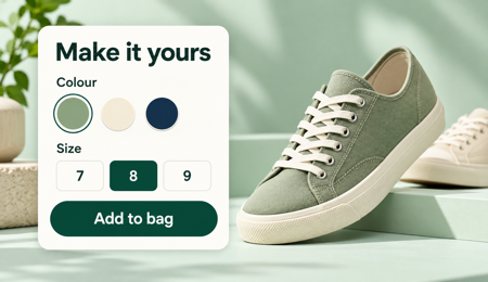 Une sneaker sauge avec nuanciers de couleurs et choix de tailles, prête à être ajoutée au panier.
