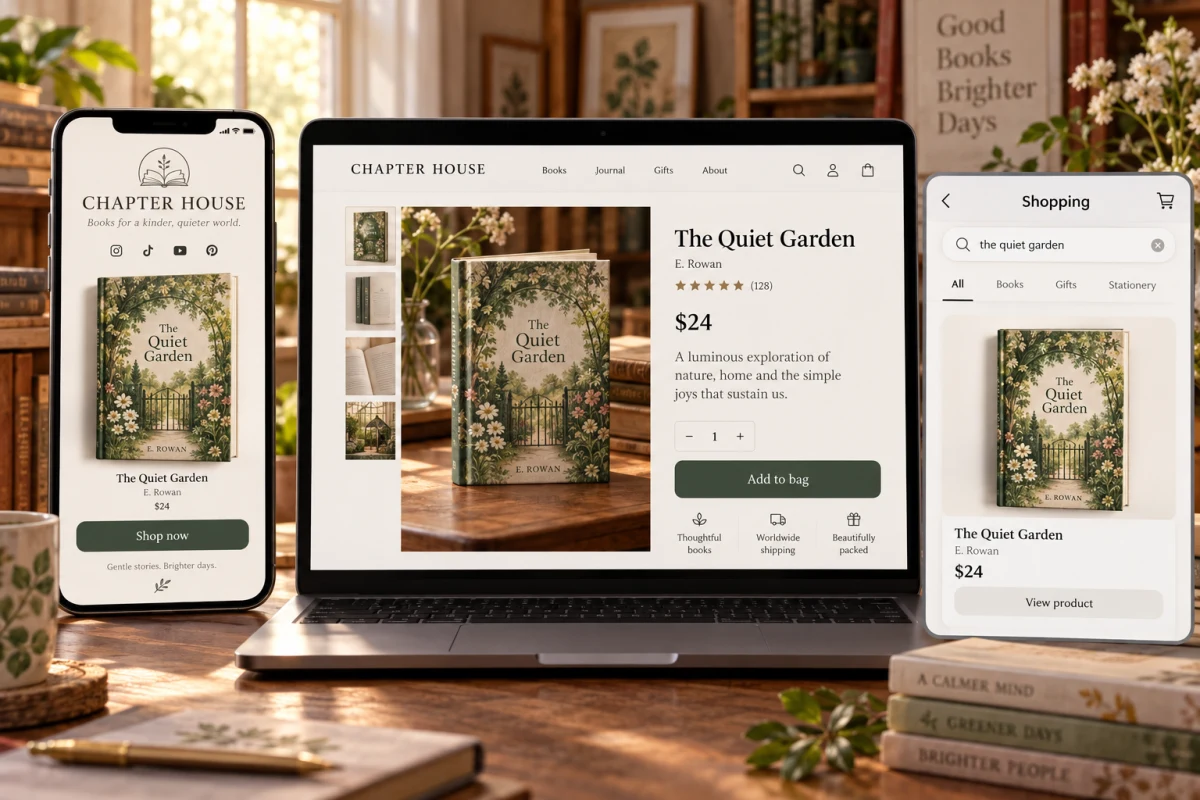 A book product shown on a store, a link-in-bio page and a shopping result