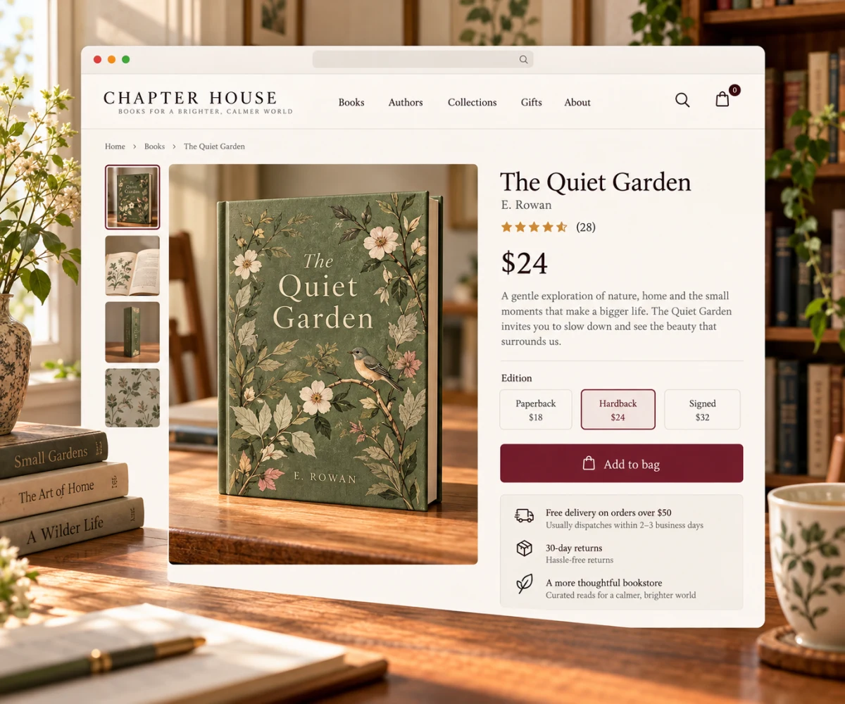 A book product page with options, gift option and delivery details