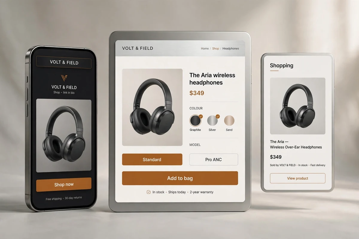 A electronics product shown on a store, a link-in-bio page and a shopping result