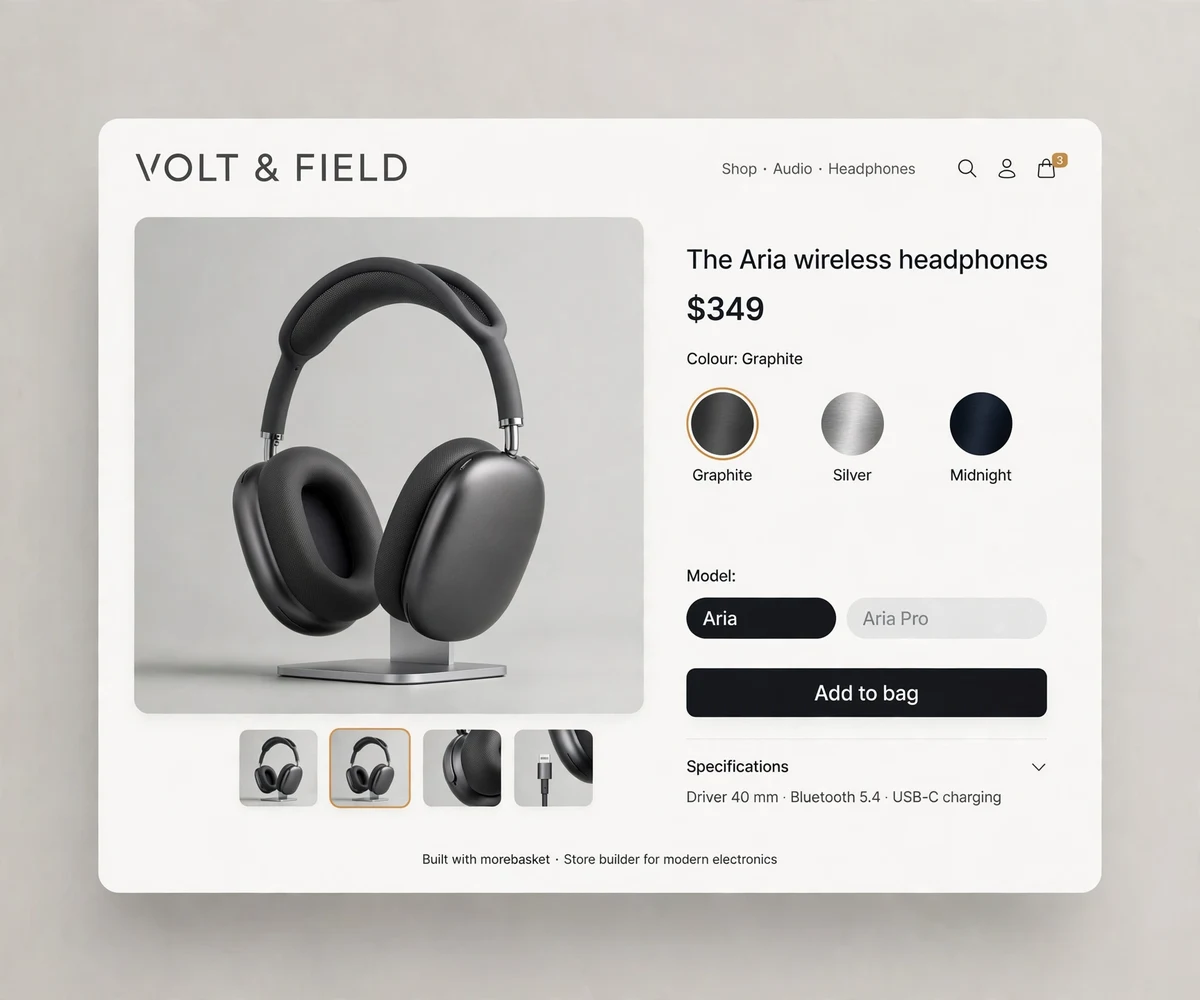 A electronics product page with options, gift option and delivery details