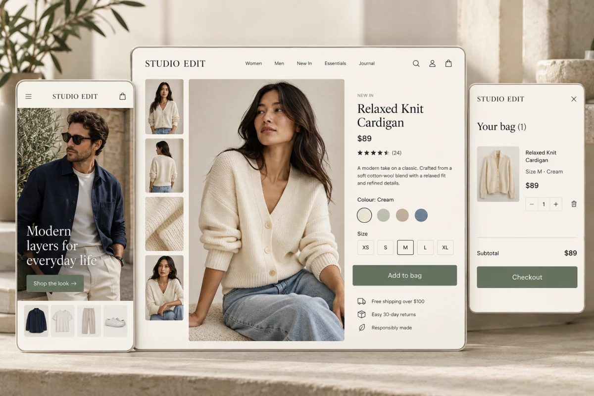 A fashion product shown on a store, a link-in-bio page and a shopping result