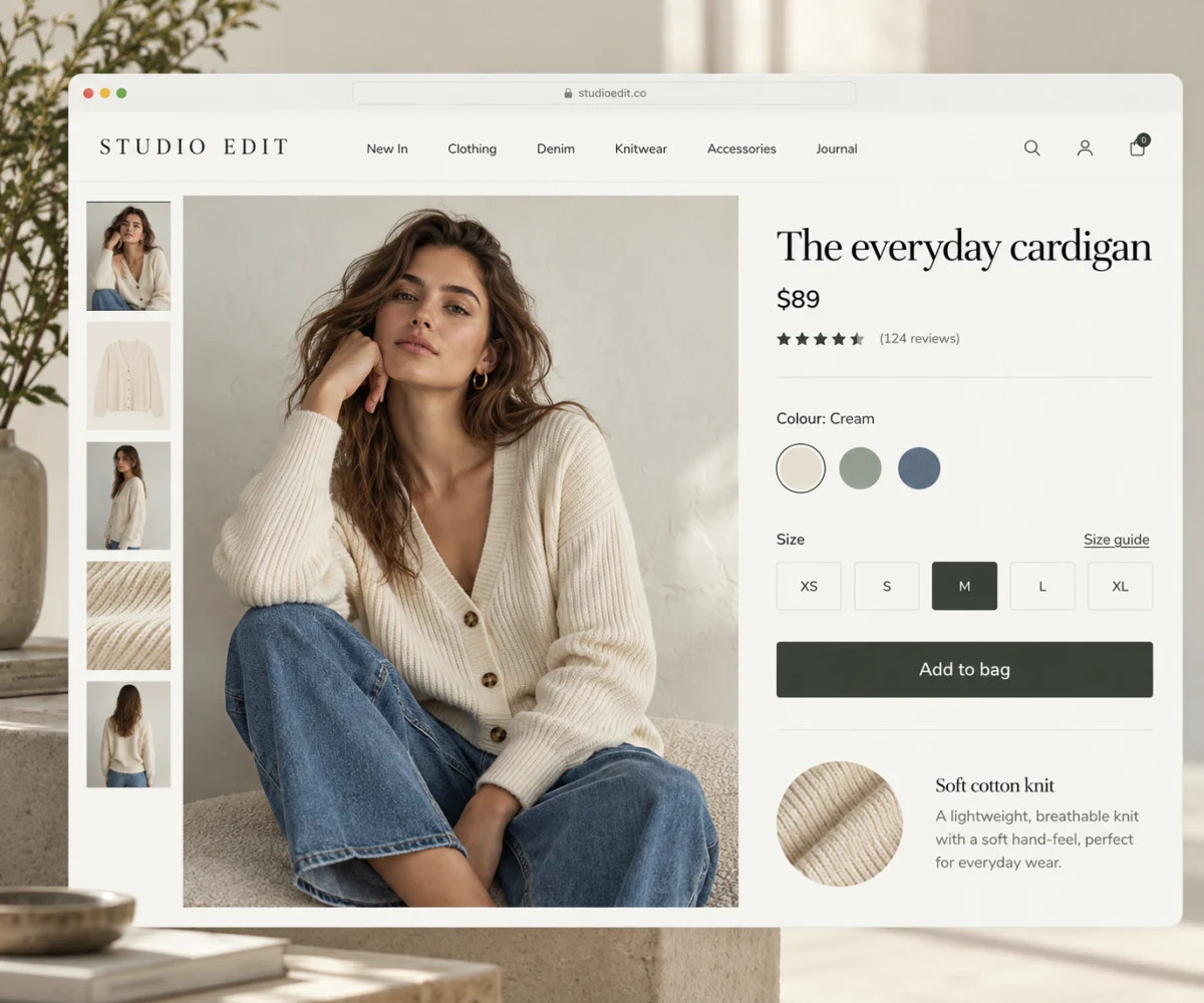 A fashion product page with options, gift option and delivery details