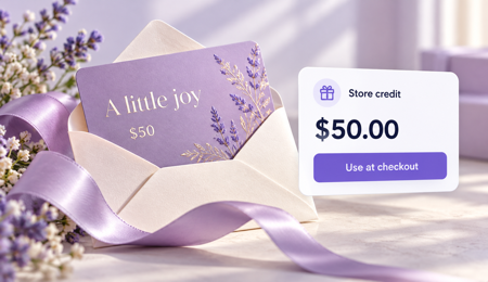 Une carte cadeau et un solde d’avoir prêts à être utilisés au paiement.