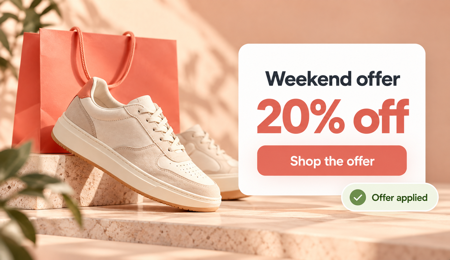 Une sneaker avec une offre de réduction du week-end et la confirmation que l’offre a été appliquée.