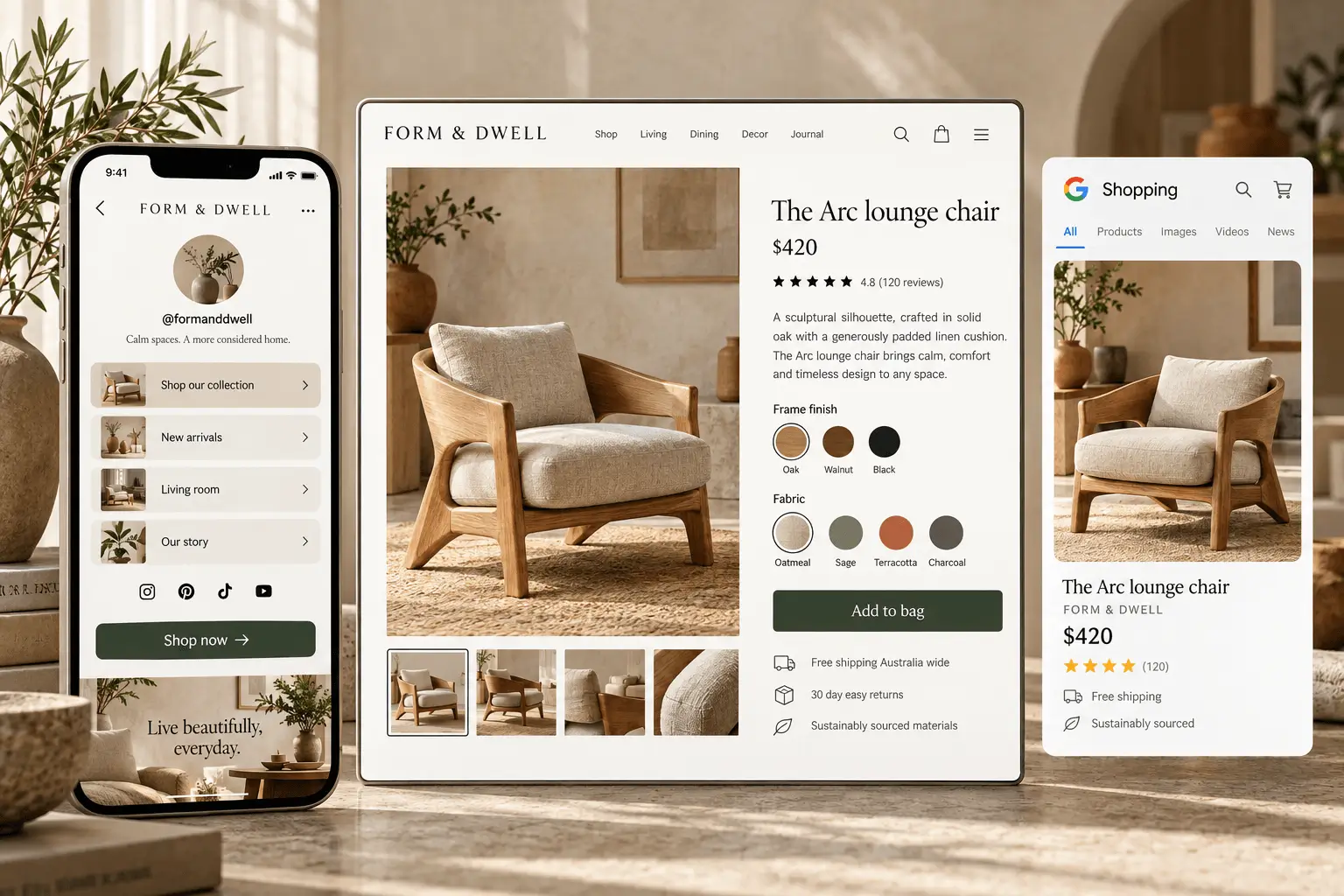 A home decor product shown on a store, a link-in-bio page and a shopping result