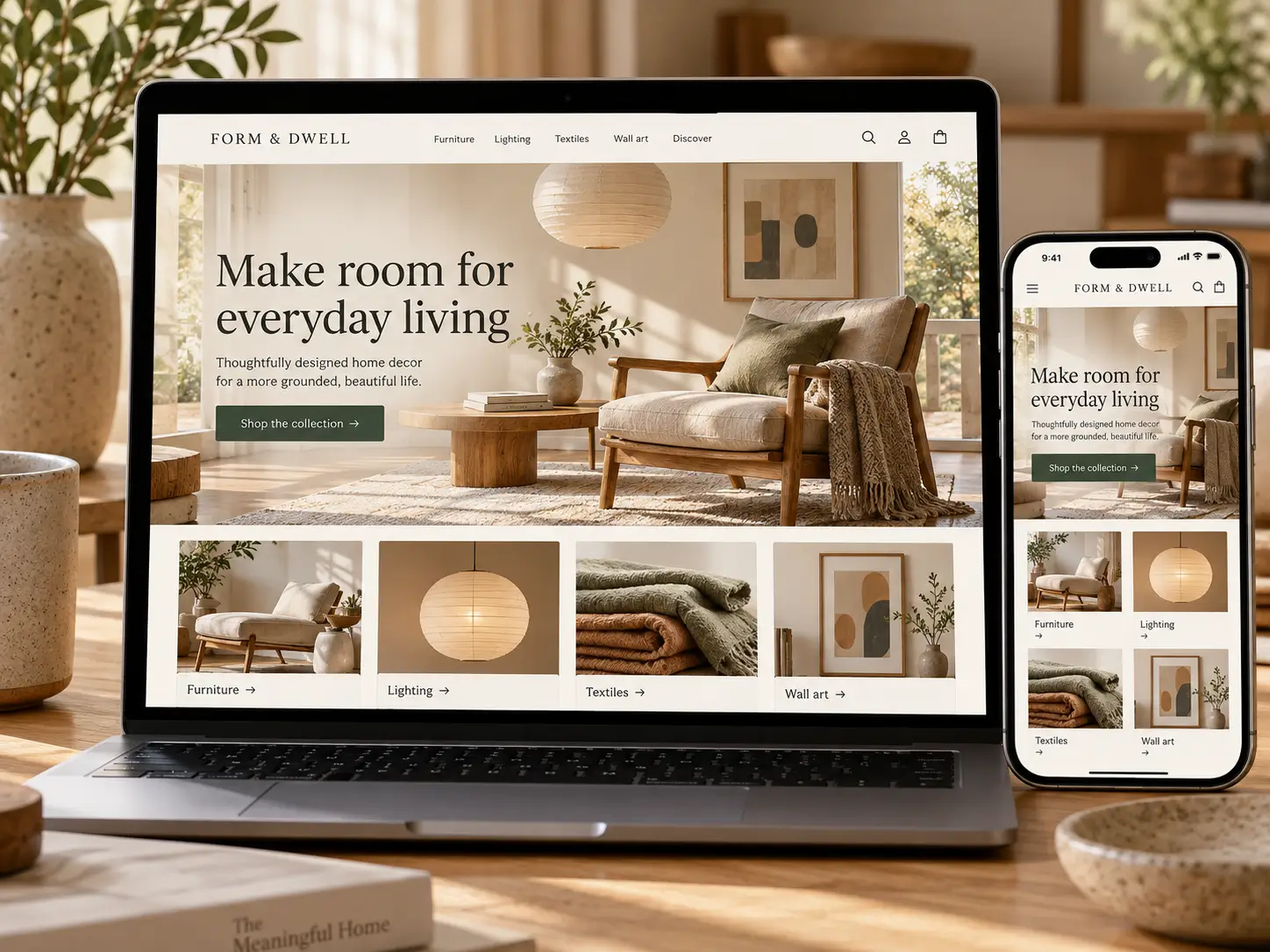 A home decor store on a laptop and a phone