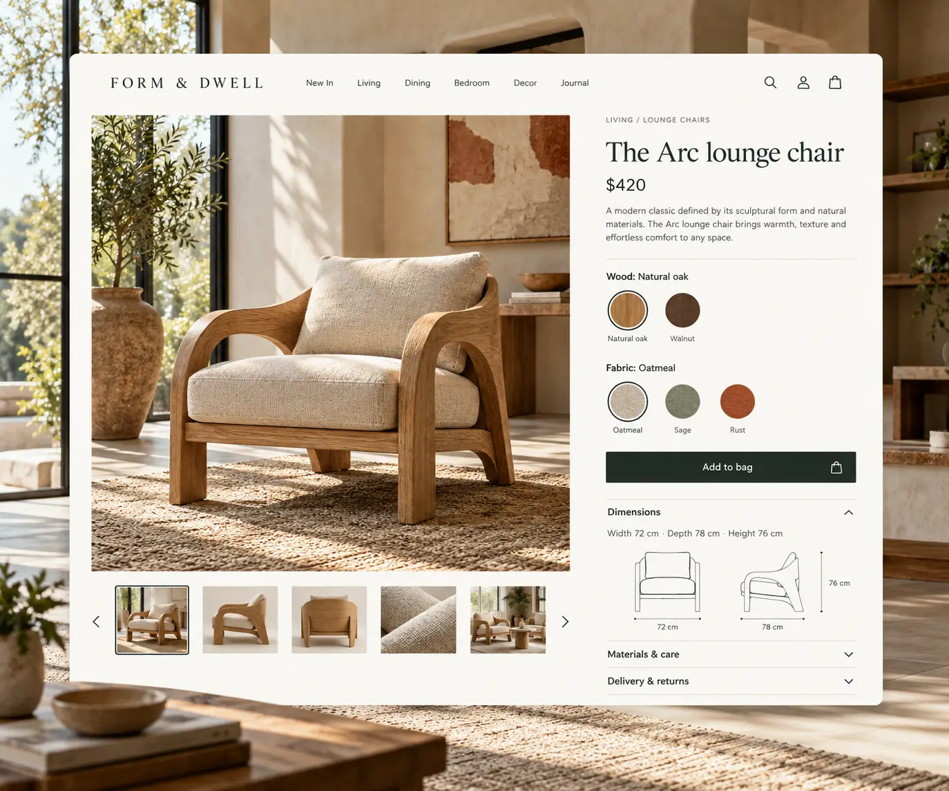 A home decor product page with options, gift option and delivery details