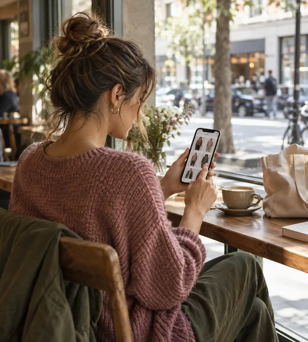 Une cliente parcourt des vêtements sur son téléphone près de la vitrine d’un café.