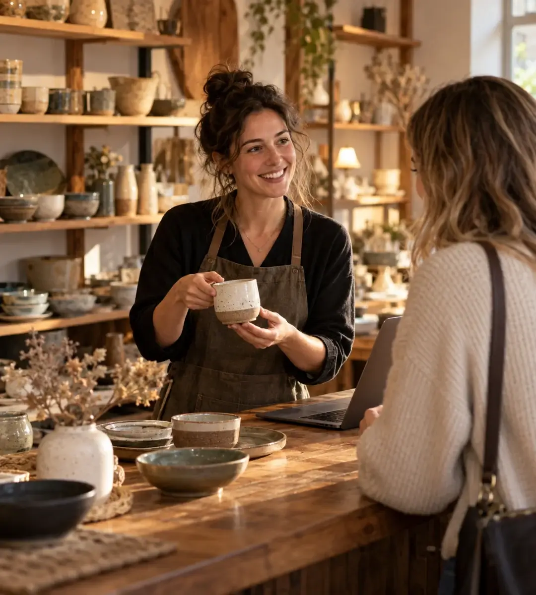 Une commerçante spécialisée en art de la maison aide une cliente à choisir une tasse en céramique.