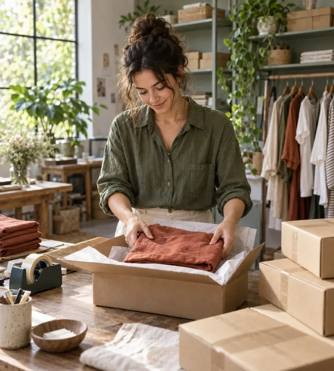 Un commerçant emballe une commande de vêtements dans un carton kraft.