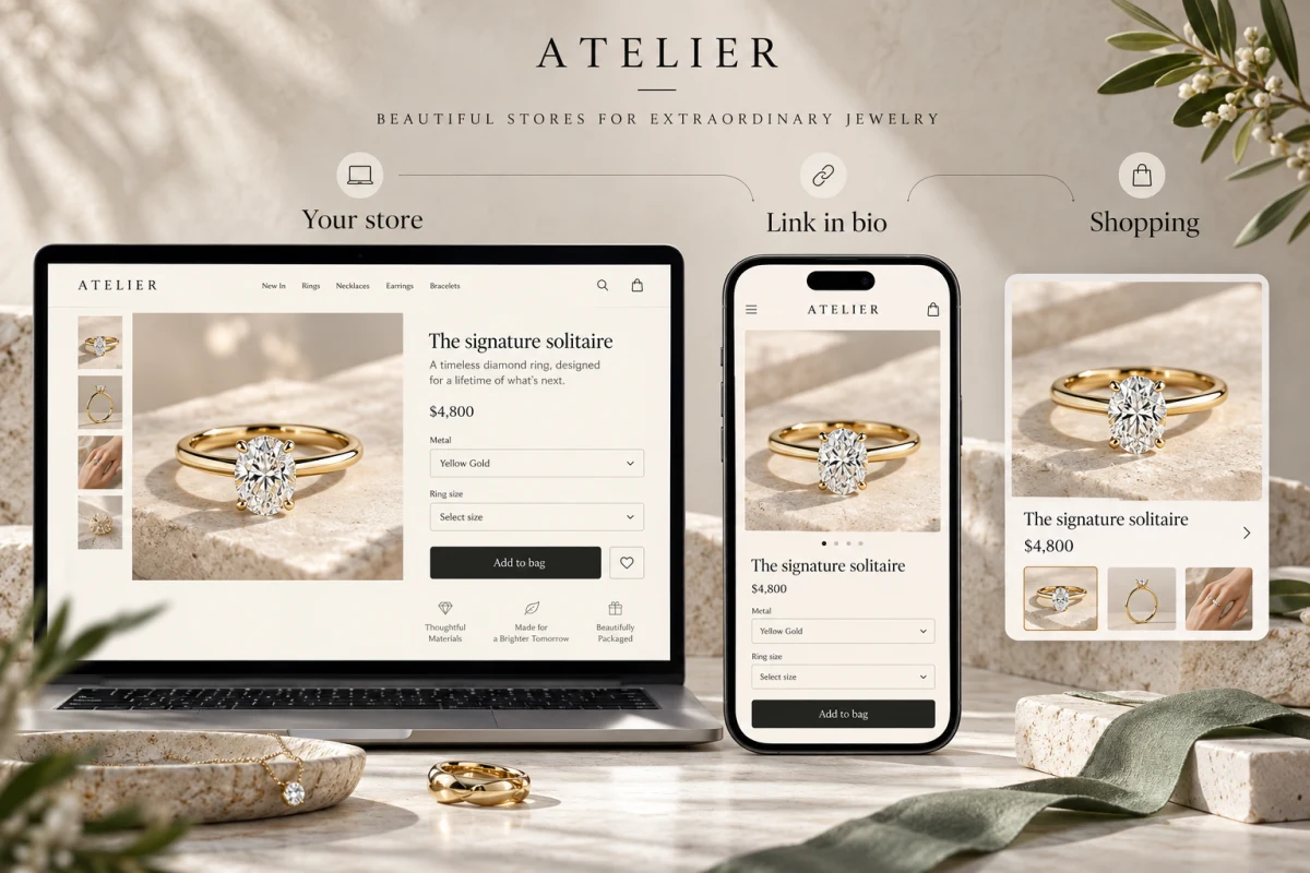A jewelry product shown on a store, a link-in-bio page and a shopping result