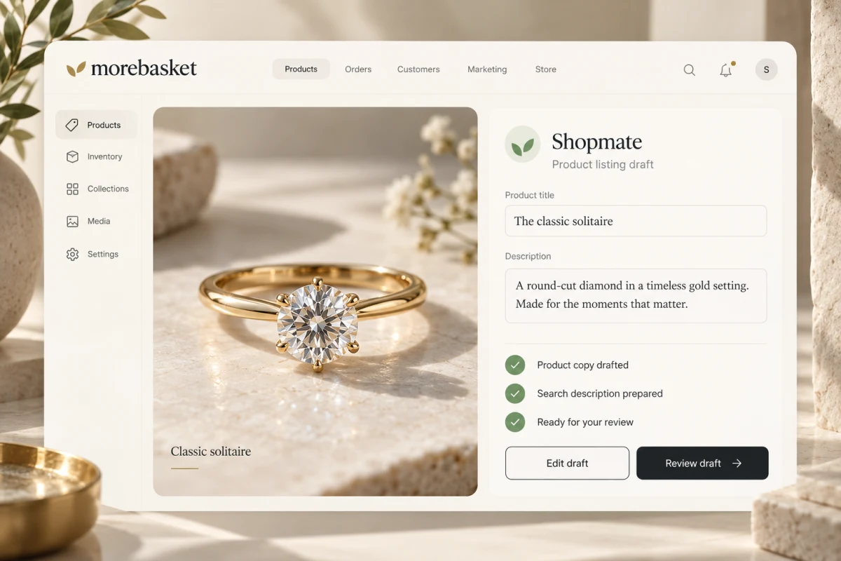 The morebasket admin showing AI agents drafting a listing for approval