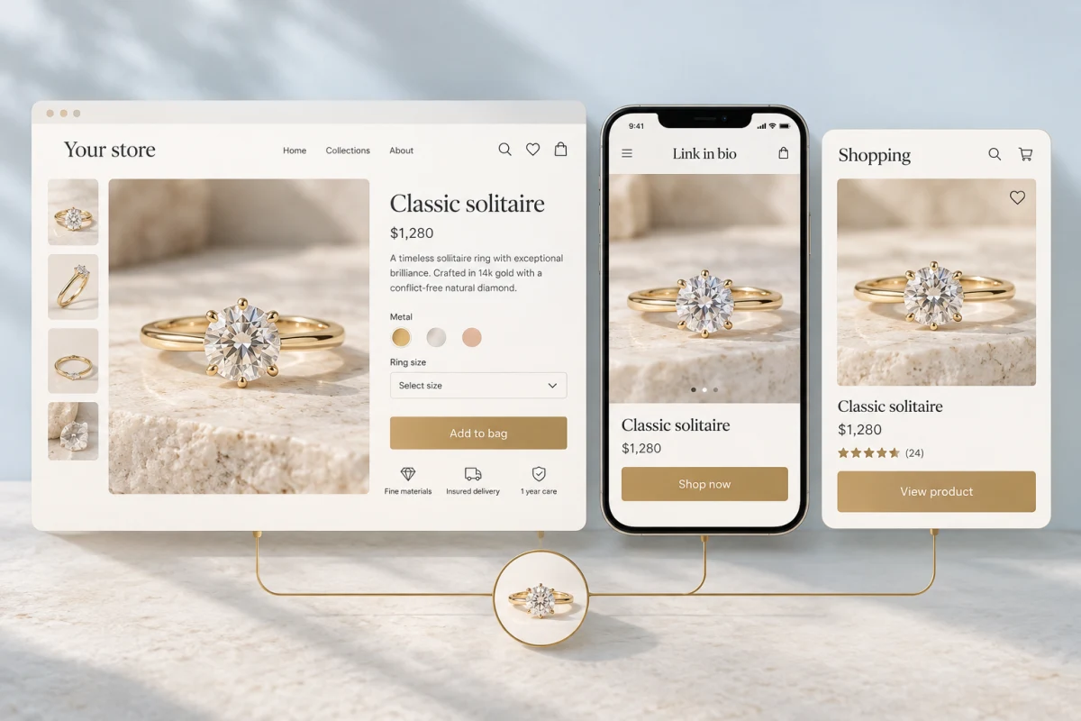 A diamond jewelry product shown on a store, a link-in-bio page and a shopping result