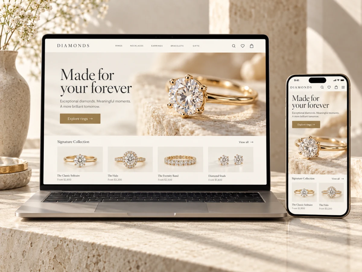 A diamond jewelry store on a laptop and a phone