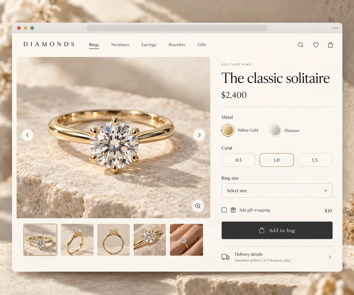 A diamond jewelry product page with options, gift option and delivery details