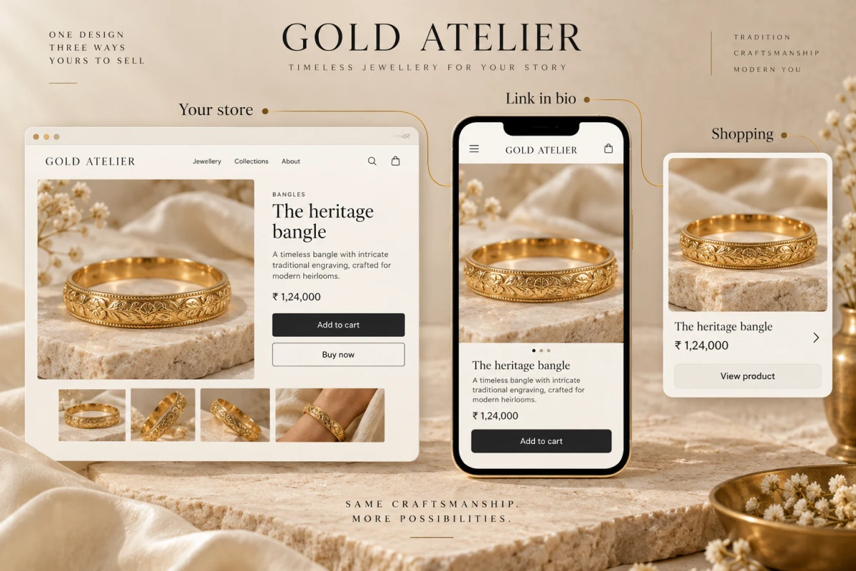A gold jewelry product shown on a store, a link-in-bio page and a shopping result