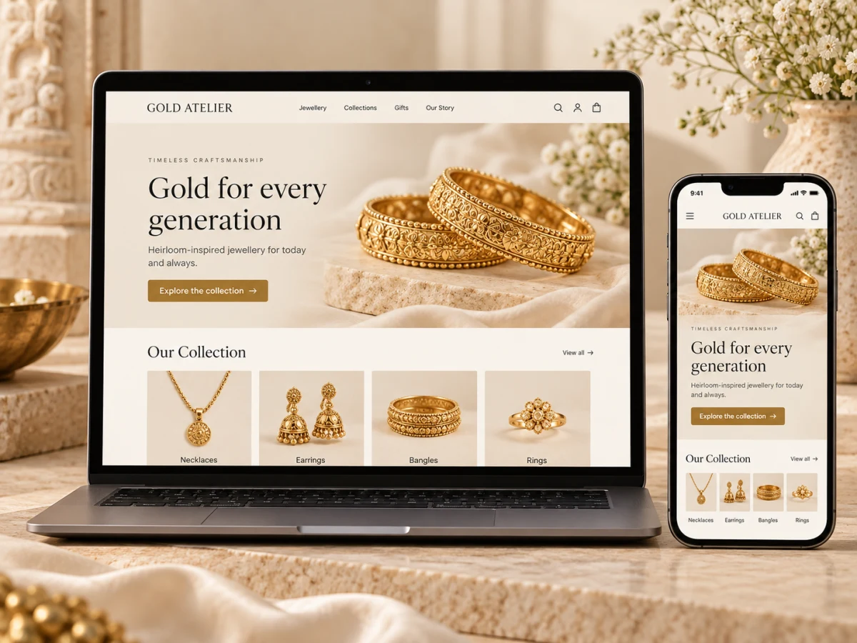 A gold jewelry store on a laptop and a phone