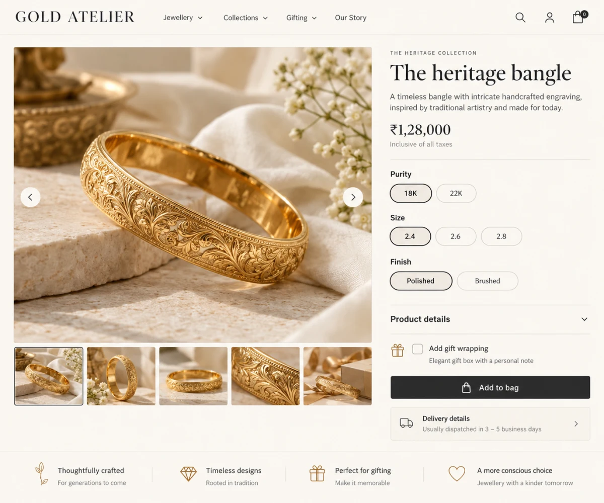 A gold jewelry product page with options, gift option and delivery details