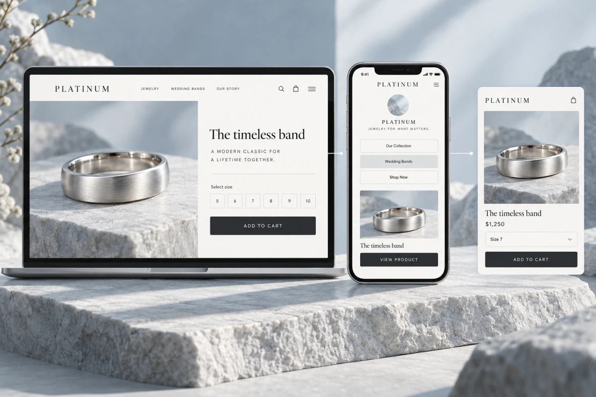 A platinum jewelry product shown on a store, a link-in-bio page and a shopping result