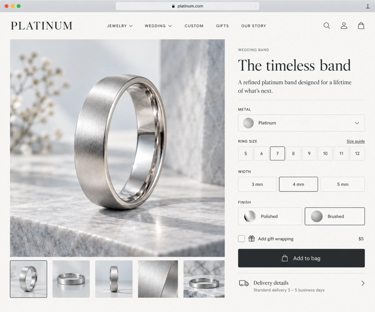 A platinum jewelry product page with options, gift option and delivery details