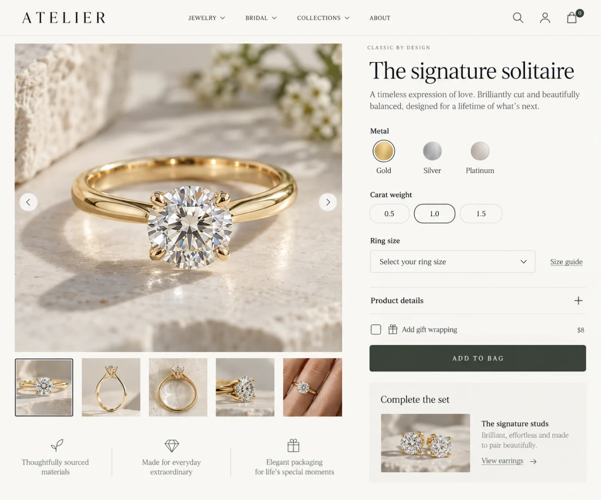 A jewelry product page with options, gift option and delivery details