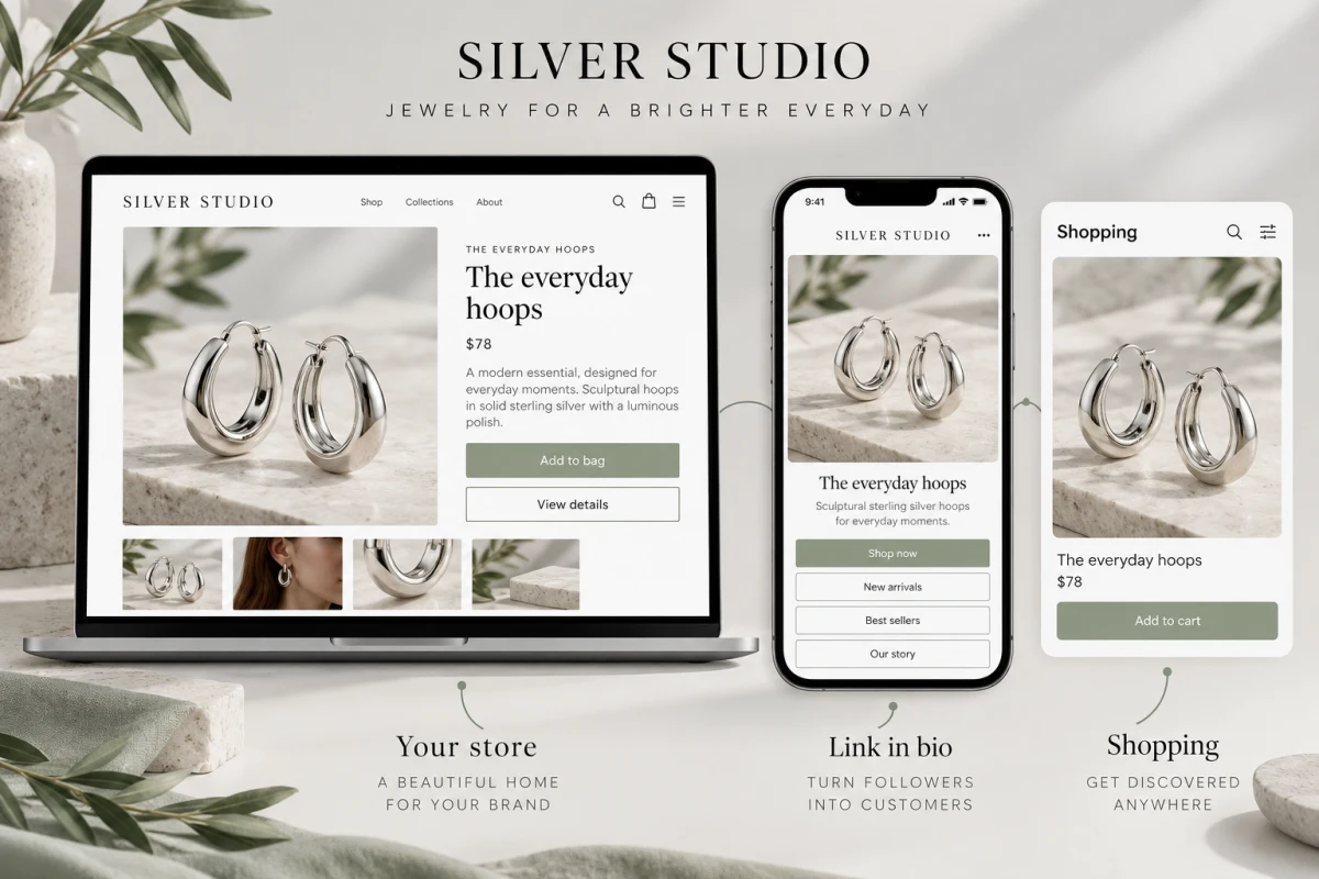 A silver jewelry product shown on a store, a link-in-bio page and a shopping result