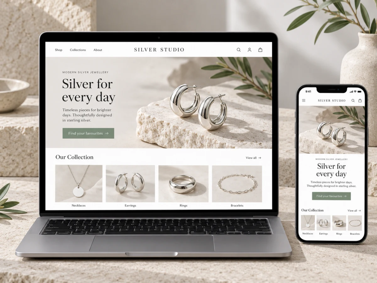 A silver jewelry store on a laptop and a phone