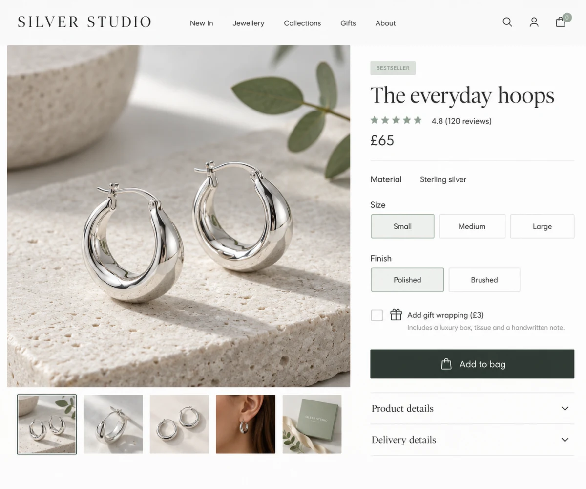 A silver jewelry product page with options, gift option and delivery details