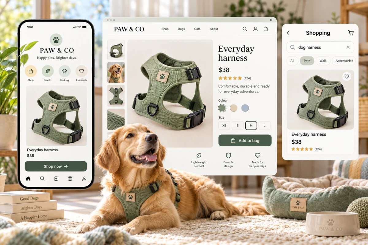 A pet product shown on a store, a link-in-bio page and a shopping result