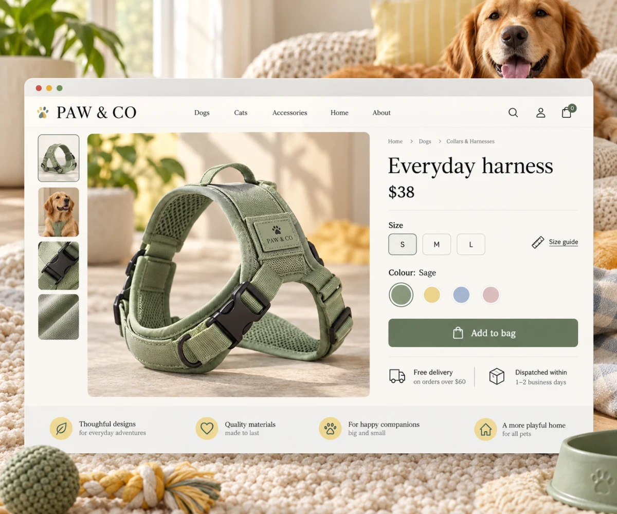 A pet product page with options, gift option and delivery details