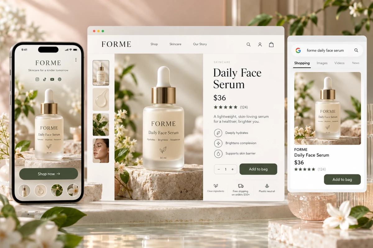 A skincare product shown on a store, a link-in-bio page and a shopping result
