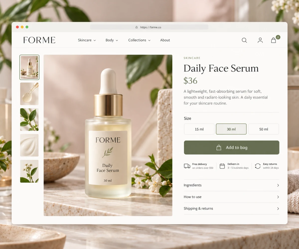 A skincare product page with options, gift option and delivery details