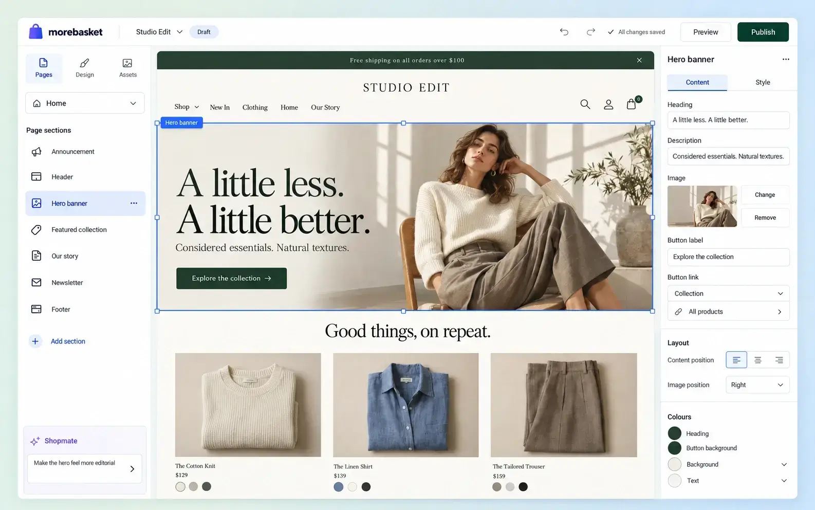 Éditeur de boutique morebasket affichant une boutique de mode avec sections de page, contrôles de la bannière principale et Shopmate.
