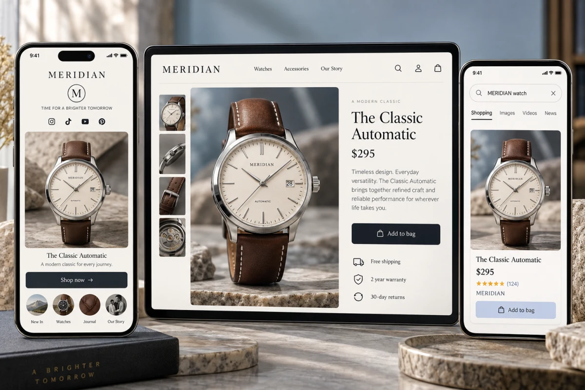 A watch product shown on a store, a link-in-bio page and a shopping result
