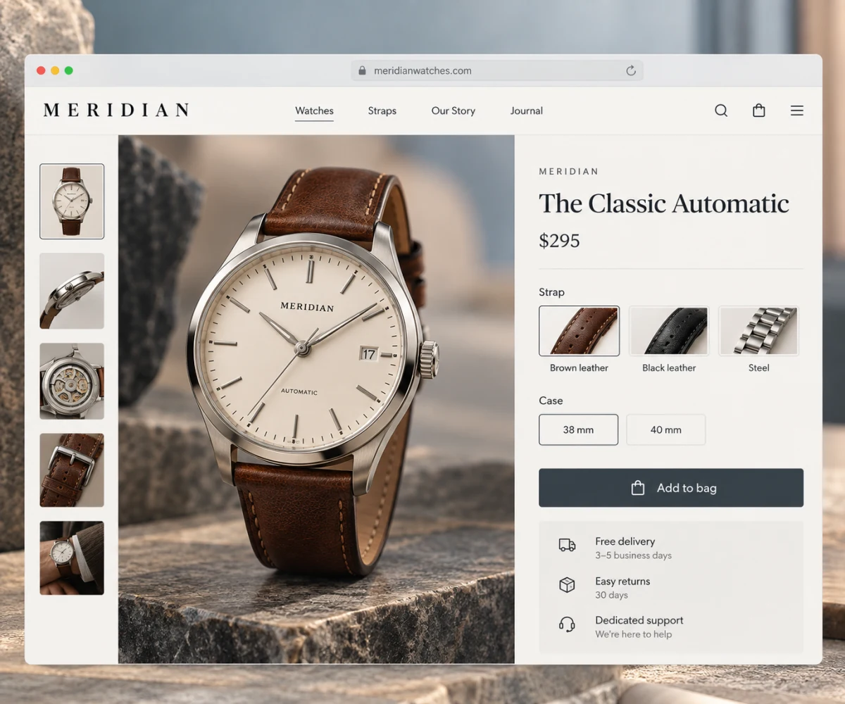 A watch product page with options, gift option and delivery details